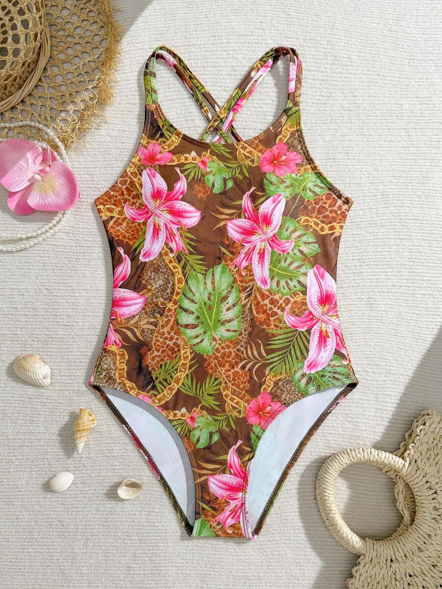 SHEIN 1件装女童热带花卉印花弹力速干舒适针织面料连体泳衣,适合海滩、泳池、度假、夏季、旅行 - 彩色 - 查看 1
