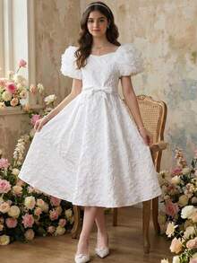 SHEIN Pitira 少女花卉提花缎面泡泡袖蝴蝶结腰带A字连衣裙，白色公主裙，适合毕业舞会、生日派对、情人节、花童等场合，华丽宫廷风格 - 白色 - 查看 3