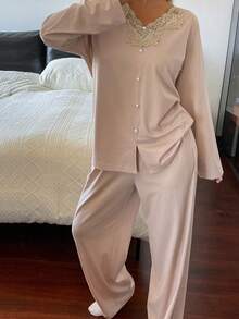 DAZY Elegant Soft Knit Lace Patchwork Women Pajama Set - Khaki - View 5