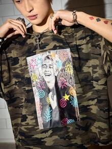 ROMWE MEN Street Life Men's Casual Portrait Camo Print Loose Fit Round Neck T-Shirt, Summer - Multicolor - View 2