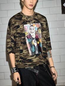 ROMWE MEN Street Life Men's Casual Portrait Camo Print Loose Fit Round Neck T-Shirt, Summer - Multicolor - View 4