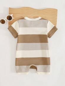 Cozy Pixies Baby Boy Cartoon Bear Striped Round Neck Short Sleeve Romper Shorts, Versatile & Comfortable - Khaki - View 2