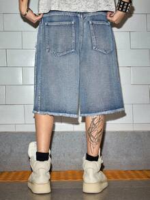 ROMWE MEN Street Life Men's Slogan Logo Embroidered Accent Drawstring Denim Shorts, Collegiate Style - Blue - View 3