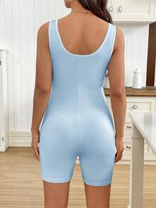 SHEIN Maternity Summer Solid Color Round Neck Sleeveless Fitted Jumpsuit - Baby Blue - View 2