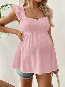 SHEIN Maternity Solid Color Pleated Casual Versatile Daily Wear Cap Sleeve Shirt - Baby Pink - View 1