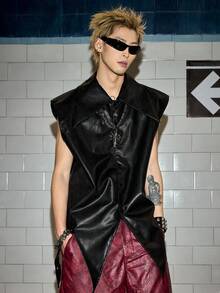 ROMWE MEN Street Life Men's Street Fashion Hip Hop Asymmetrical PU Leather Tank Top - Black - View 4