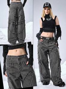 ROMWE EDITION Distressed Flare Waist Low Rise Women Jeans - Grey - View 7