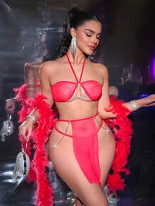 MidnightGlam 3pcs Women's Solid Color Sheer Mesh Backless Tie-Front Sexy Lingerie Set - Red - View 1