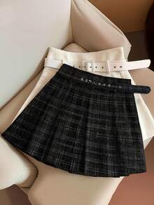 Franclia 女士格子百褶休闲百搭日常约会外出迷你裙 - 黑與白 - 查看 6