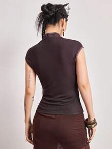 ROMWE Avant Spring/SummergraphicVintage Neo-Chinese Style Mesh Print Mandarin Collar Top - Multicolor - View 3