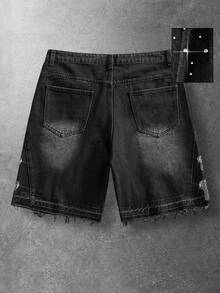 ROMWE MEN Street Life Quần short denim nam đính đá lấp lánh, kiểu dáng thường ngày. - màu đen - Xem 2