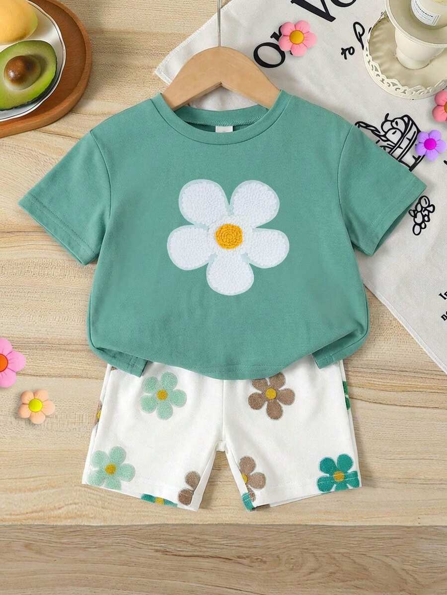 SHEIN Baby Girl Casual Round Neck Short Sleeve T-Shirt And Leggings Set, Spring/Summer - Multicolor - View 1