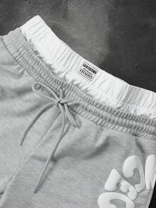 SLATEMANN 加大码男士休闲运动字母印花抽绳腰带运动裤 - 灰色 - 查看 4