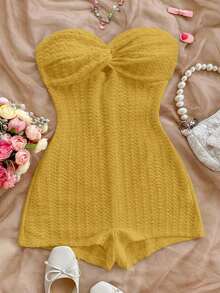 SHEIN PETITE CURVE Plus Size Minimalist Casual Twist Textured Fabric Jumpsuit, Summer Fashion - Yellow - View 6