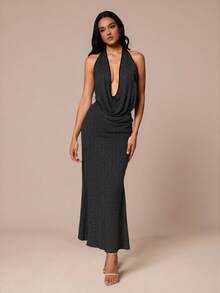 SHEIN Glamour Đầm đen lấp lánh gợi cảm, cổ xếp ly, lưng hở, nhún bèo, thích hợp cho buổi hẹn hò, năm mới, tiệc tùng, phong cách ngọt ngào, đi xem hòa nhạc. - màu đen - Xem 6