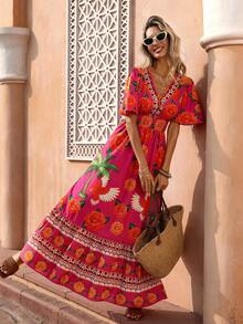 Flora Isola Flora Isola Vestido Longo Boêmio Feminino Boêmio Primavera Verão | Vestido Estampado Floral Fúcsia Multicolorido | Conjunto Elegante Romântico de Luxo Leve para Férias em Ilha, Spa, Resort, Caminhada, Piquenique, Convidado de Casamento, Encontro no Dia dos Namorados, Festa - Pink - Visão 4