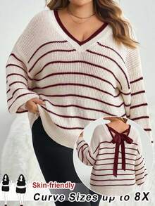 SHEIN CURVE+ Plus Size Bowknot Back Sweater, Striped Pattern Pullover Autumn Winter Clothes For Women - Burgundy - View 8