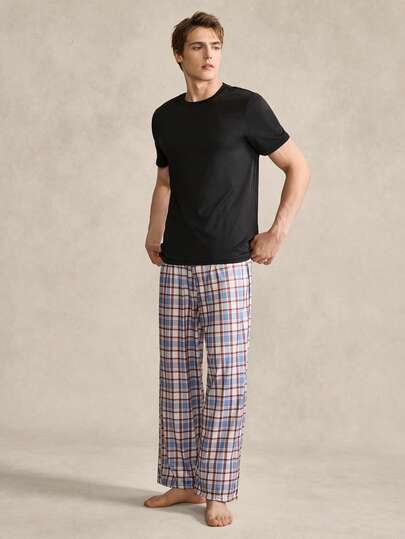 Conjunto de pijama a cuadros para hombre, top de manga corta y pantalones negros, elegante estilo británico