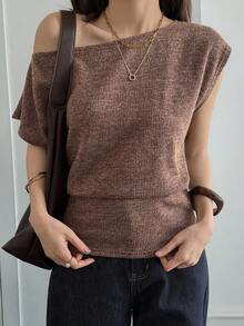 DAZY Women's Fashionable Casual Oblique Shoulder Knit T-Shirt - Brown - View 5