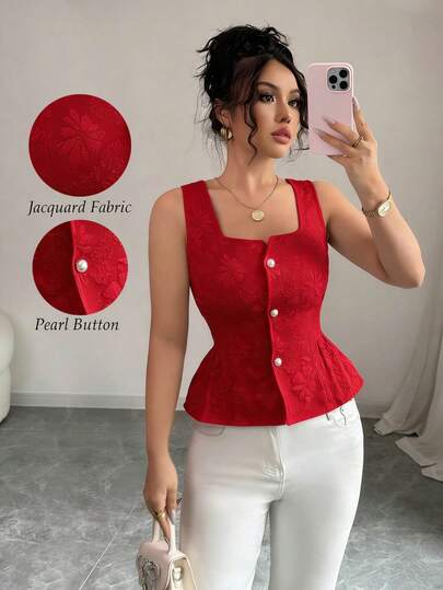 Rafferiza Casual Fashionable Versatile Square Neck Button-Up Waist-Cinched Fitted Sleeveless Women's Tank Top, Elegant & Stylish Young Short Blouse, New Summer Design, Light Blue Floral Textured Fabric