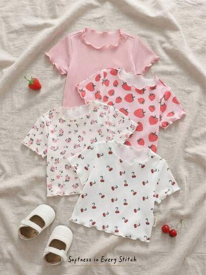 Cozy Pixies 4件套女婴草莓、花卉、樱桃印花柔软针织圆领短袖撞色荷叶边宽松套头衫套装