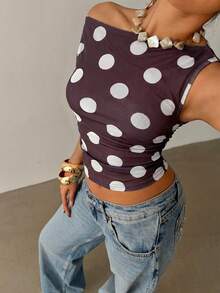 Siren Gaze 女士波点无袖上衣，时尚百搭，适合夏季休闲穿着，修身剪裁，是海滩度假、节日庆典、外出活动的理想之选。不对称褶皱领口设计，时尚百搭，是夏季假期、嘉年华活动、度假休闲的完美搭配。 - 巧克力棕 - 查看 6