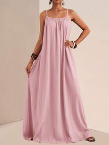 Slaydiva Plus Size Solid Color Spaghetti Strap Square Neck Loose Long Dress, Summer Dresses - Pink - View 3