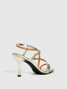 CUCCOO SZL Giày sandal cao gót thời trang thanh lịch dành cho nữ, đính đá lấp lánh, có khóa cài, thích hợp dự tiệc. - Màu vàng nhạt - Xem 9