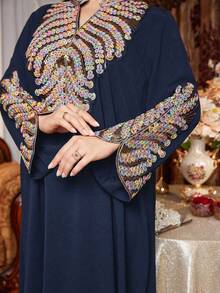 Al Najma 大码女士优雅土耳其风格刺绣连衣裙 - 藍色 - 查看 1