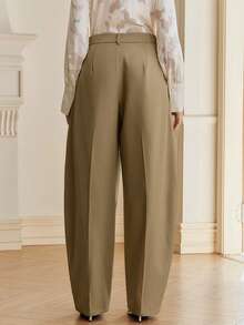 春秋新款嘉年华设计宽松高腰垂褶锥形裤腿卡其色长裤 - 卡其色 - 查看 2