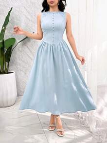 Modelyn Vestido sin mangas de unicolor y estilo minimalista para mujer, uso casual diario - Azul - Ver 3