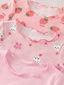 SHEIN LMoss Kids 6pcs Baby Girl Cute Strawberry Pattern Ruffle Trim Round Neck Short Sleeve Shorts Knit Soft & Breathable Summer Pajama Set - Multicolor - View 4