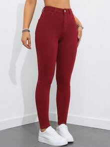 SHEIN ICON Quần jeans skinny màu trơn đơn giản, đa năng dành cho nữ, thích hợp mặc hàng ngày đi làm. - Màu Hồng Tươi - Xem 5