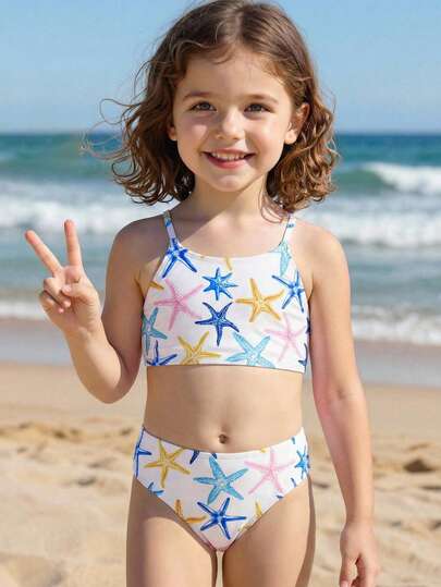 SHEIN 可爱多彩海星，海滩度假风，少女休闲修身吊带背心和三角比基尼泳衣套装，适合夏季休闲度假，#椰子女孩