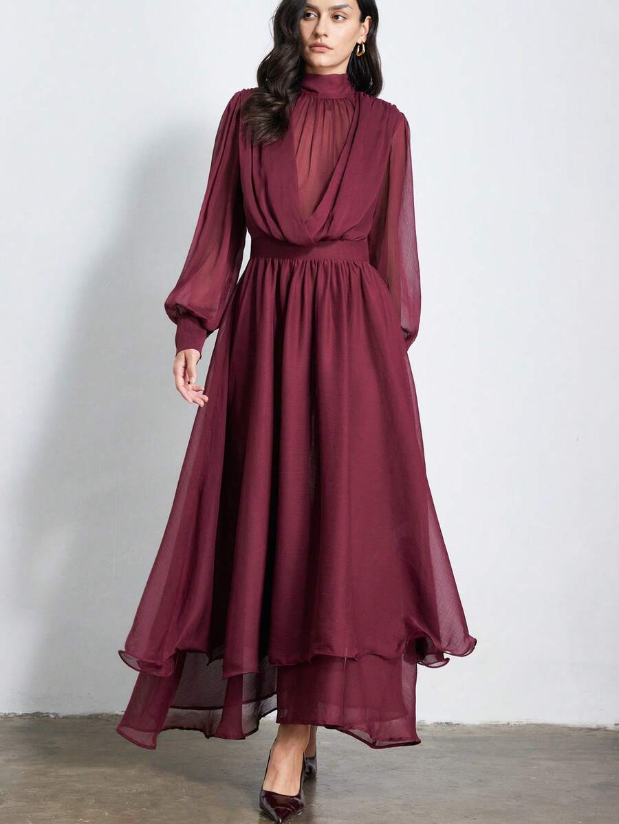 Aveloria Modichic 酒红色长袖垂褶领褶皱荷叶边连衣裙，轻盈飘逸的雪纺面料，多层蛋糕式设计，精致的褶皱工艺，优雅复古风格，适合正式场合、晚宴、约会等。 - 酒紅色 - 查看 1