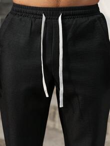 VENTUSAIL Quần dài nam bằng vải lanh trơn màu, có dây rút, kiểu dáng thường ngày, có túi, thích hợp cho hoạt động ngoài trời. - màu đen - Xem 6