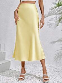 Chiquease Solid High Waist Mermaid Skirt Satin Women Outfit - Light Yellow - View 1