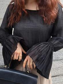 FRIFUL Women's Solid Black Sheer Patchwork Flare Sleeve Pleated Loose Casual Versatile Blouse - Black - View 5