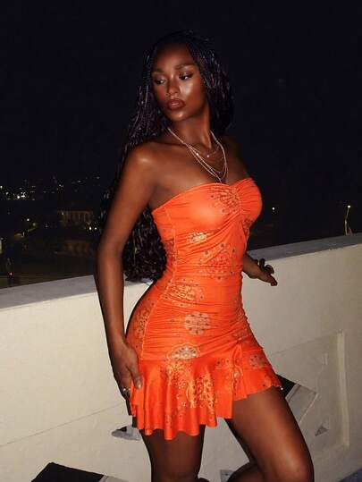 SHEIN DivaQ Women's Fashionable Orange Printed Knit Tube Dress