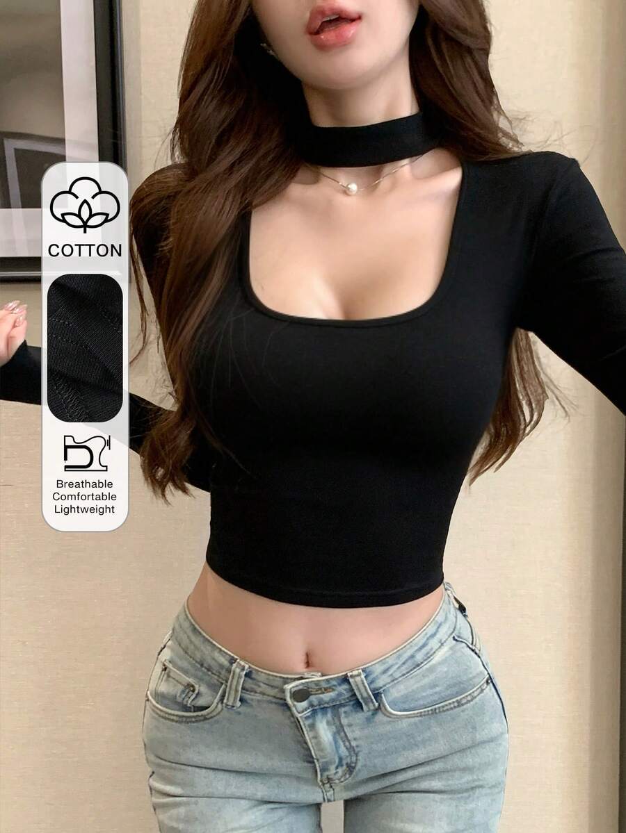 DAZY Áo thun nữ cổ thiết kế ôm sát, kiểu dáng thường ngày, thích hợp mặc lót trong, gợi cảm và sành điệu cho mùa hè. - màu đen - Xem 1