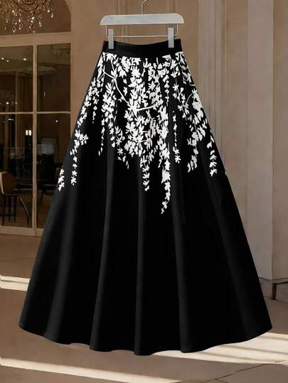 GlowEve CURVE Plus Size Women Floral Print A-Line Skirt, French Retro Elegant Romantic Office Wear