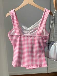 Comfortcana Women's Sweet Plaid Contrast Lace Ruched Bust Ruffle Hem Camisole Top, Summer For Women - Pink - View 2