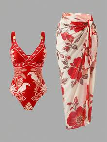Swim Oasis Bộ đồ bơi liền thân in họa tiết, ôm sát, cổ chữ V, eo thon, thích hợp cho kỳ nghỉ biển. - Đỏ - Xem 1