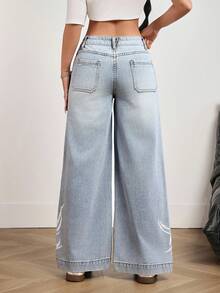 SHEIN PETITE Women's Gothic Pattern Pocket Wide Leg Loose Casual Jeans - Blue - View 2