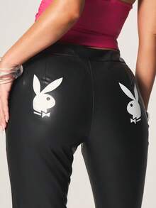 Missguided x Playboy Faux Leather Lace-Up Flare Pants With Side Eyelet Details High-Rise Wide Leg Bootcut Festival Boho Gothic Style Fall Winter - Black - View 4