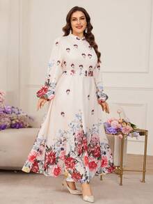 Modelyn Đầm vintage in hoa, thắt eo, cổ đứng / Đầm xòe tay phồng kiểu Pháp thanh lịch - Màu be - Xem 4