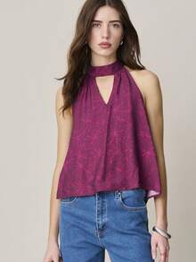Nöista Sleeveless Halter Top Features A Purple, Dark Pinrk Floral Pattern With A High Neckline And Keyhole Front Detail. Spring, Summer, Women. - Purple - View 4