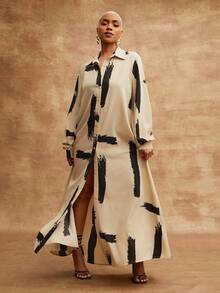 Vixey Printed Woven Button Down Pointed Collar Long Sleeve Maxi Shirt Dress - Brown - View 4