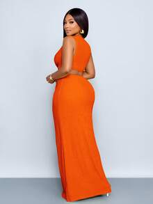 SOLERSUN Plus-Size Women's Sexy Spring/Summer Dress, Solid Color Textured Fabric, High-Slit Long Skirt, Cutout Waist With Knotted Details, Suitable For Romantic Occasions, Valentine's Day, Parties, Music Festivals, Beach Vacations, And Other Vacation Wear. Stylish And Versatile, Perfect For Summer Getaways. Curve Skirt Set Brunch 2 Piece Set Orange 2 Piece Set Curve Sexy Dress - Burnt Orange - View 2