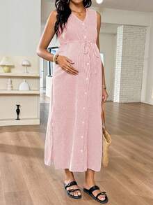 SHEIN Maternity V-Neck Sleeveless Plaid Slit Casual Summer Dress - Pink - View 5